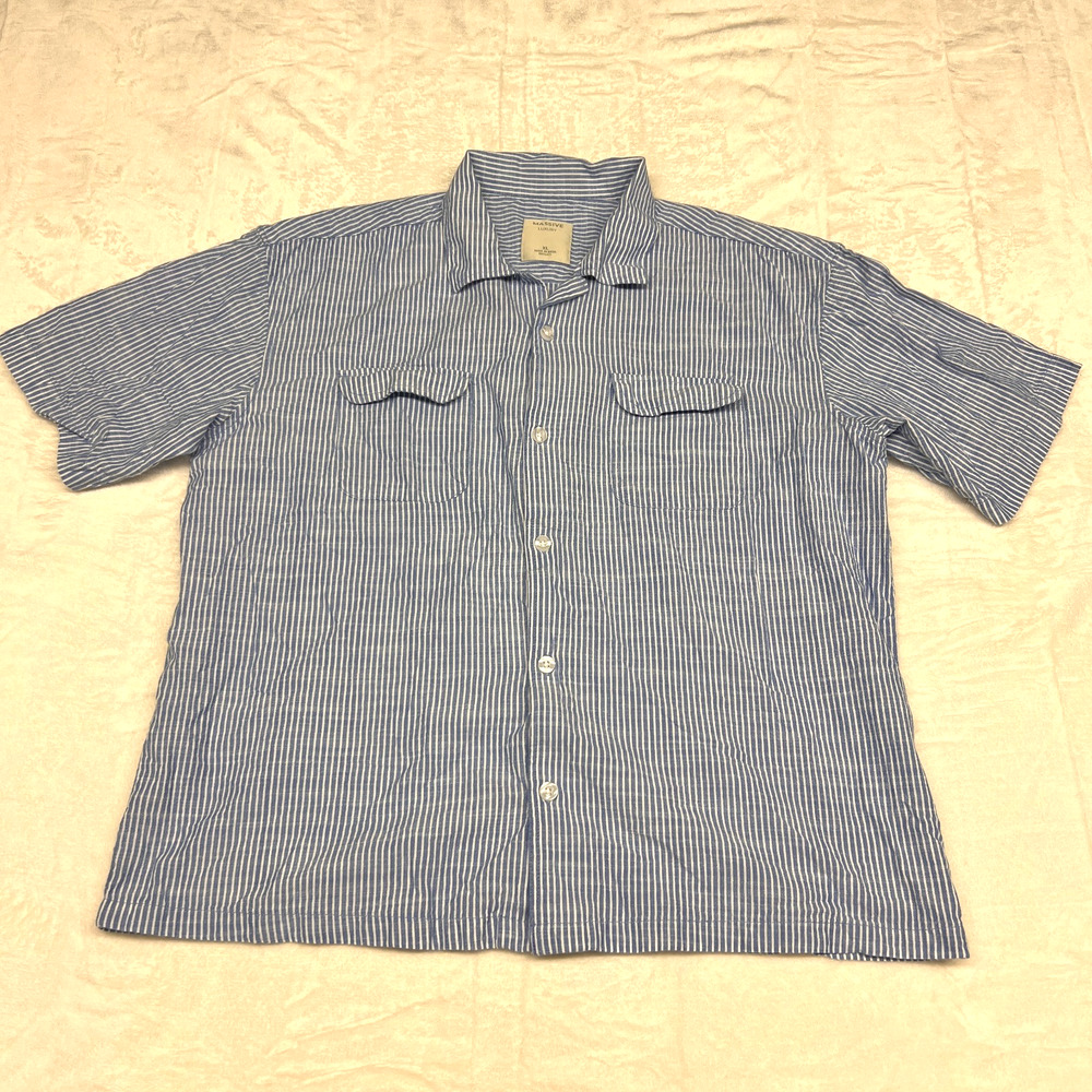 Massive Luxury Shirt XL Blue Striped Cotton Short Sleeve Button Down Classic